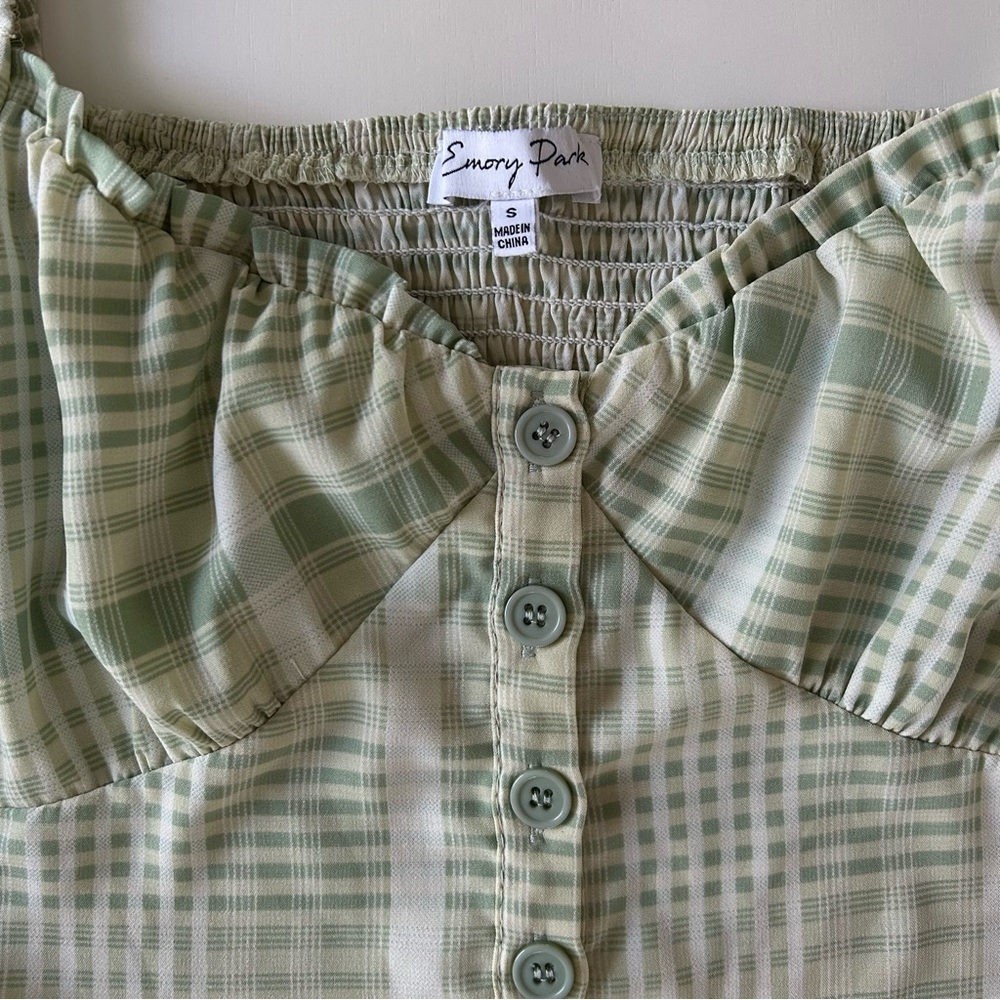 Emory Park Green Plaid Puff Sleeve Crop Smocked Back Spring Trendy Size Small - Picture 3 of 6